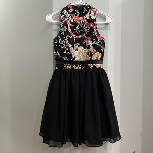 Haute Nites Black/Multicolor Halter Top Embroidered Formal Dress